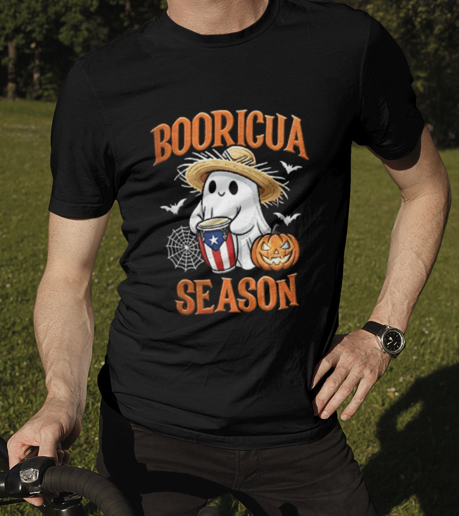Booricua Season Ghost With Puerto Rico Flag Conga And Pumpkin T-Shirt