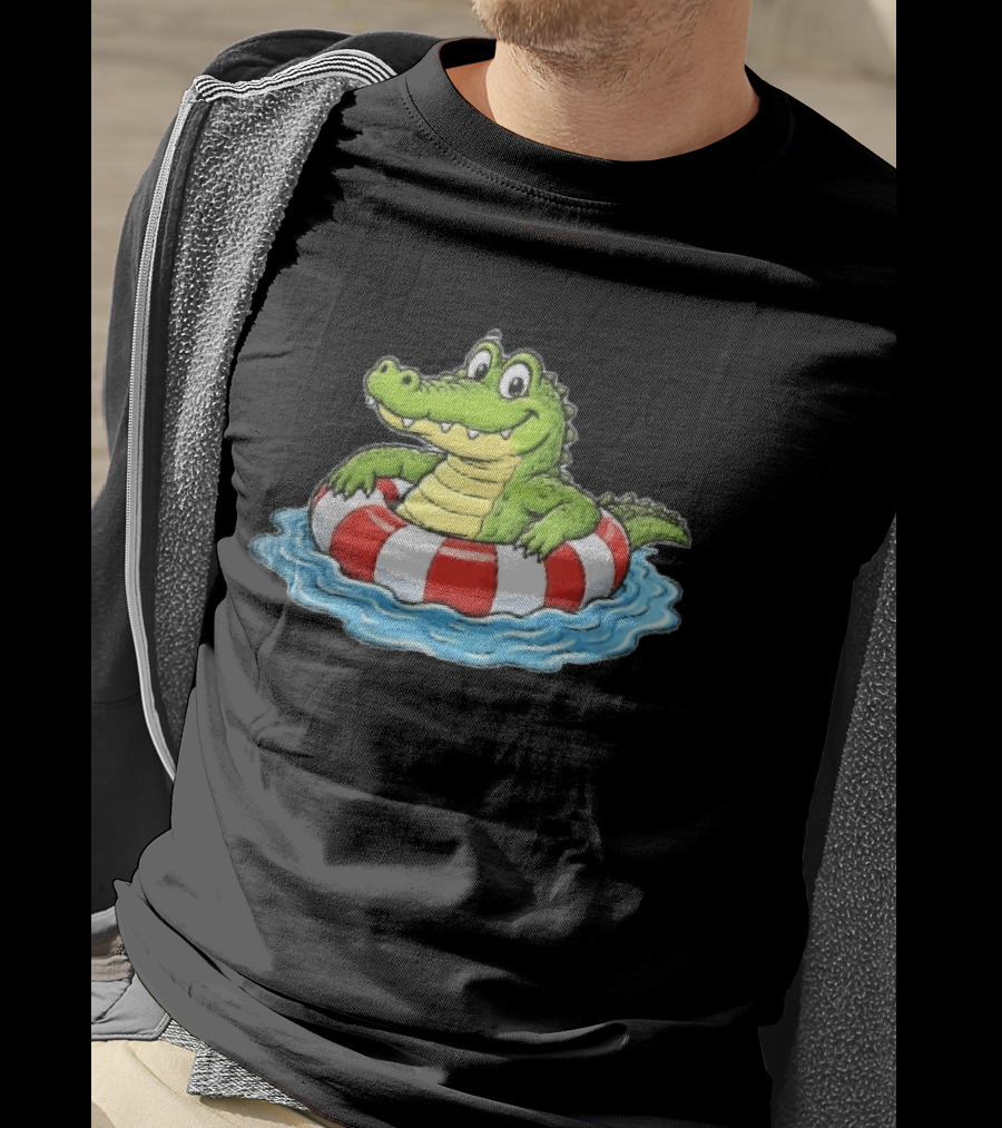 Cartoon Crocodile Relaxing In Red And White Life Buoy On Water T-Shirt