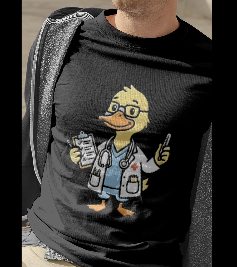 Cartoon Yellow Duck Doctor With Stethoscope Thermometer And Clipboard T-Shirt