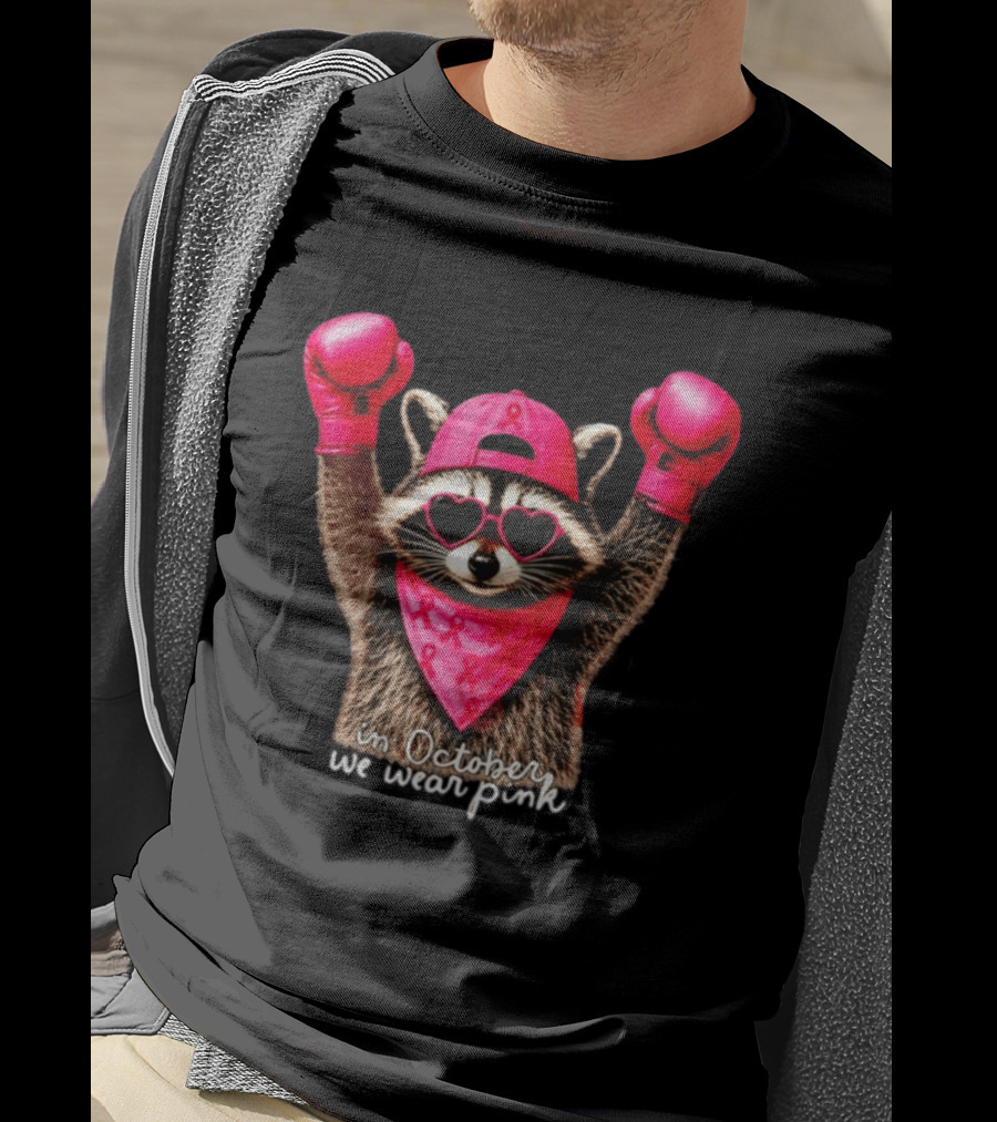 In October We Wear Pink Raccoon Breast Cancer Support Squad Boxing Gloves And Heart Glasses T-Shirt