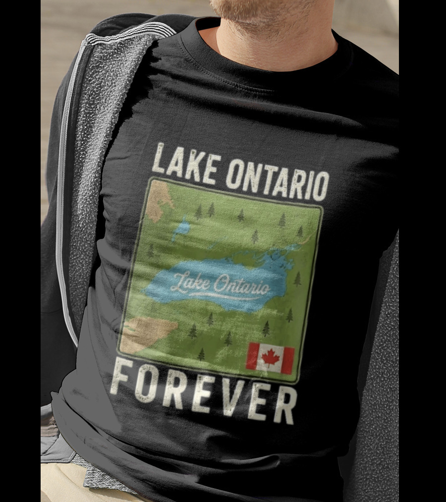 Lake Ontario Forever Distressed Map With Canadian Flag And Pine Trees T-Shirt