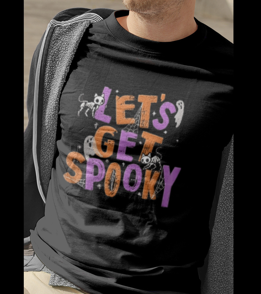 Let's Get Spooky Skeleton Cats Ghosts Spiderwebs Halloween T-Shirt