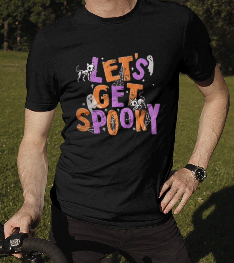 Let's Get Spooky Skeleton Cats Ghosts Spiderwebs Halloween T-Shirt