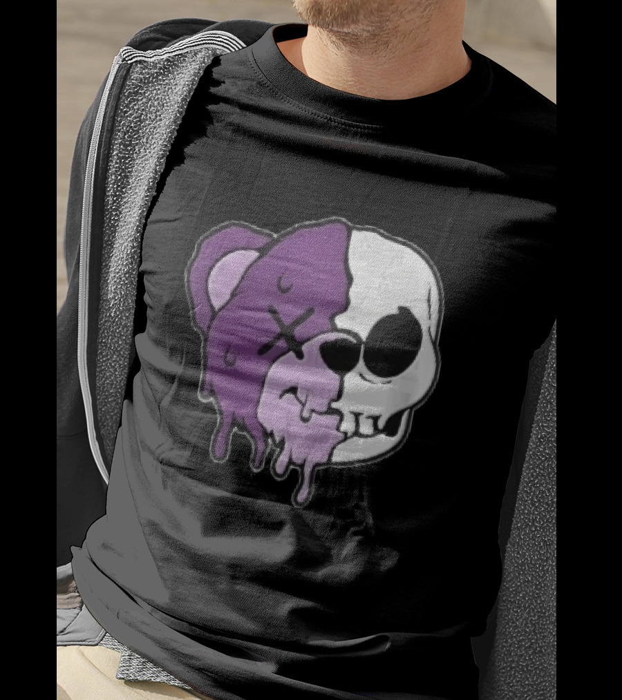Dripping Purple Teddy Bear Skull Split Face Cartoon T-Shirt