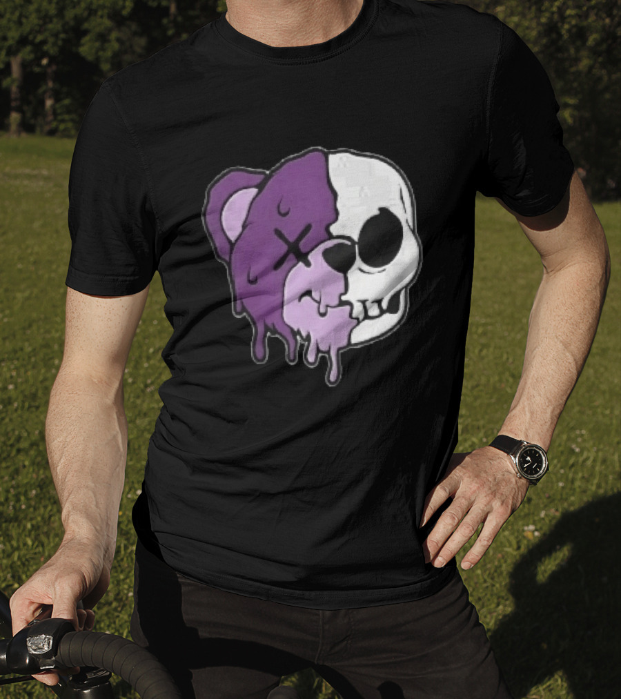 Dripping Purple Teddy Bear Skull Split Face Cartoon T-Shirt