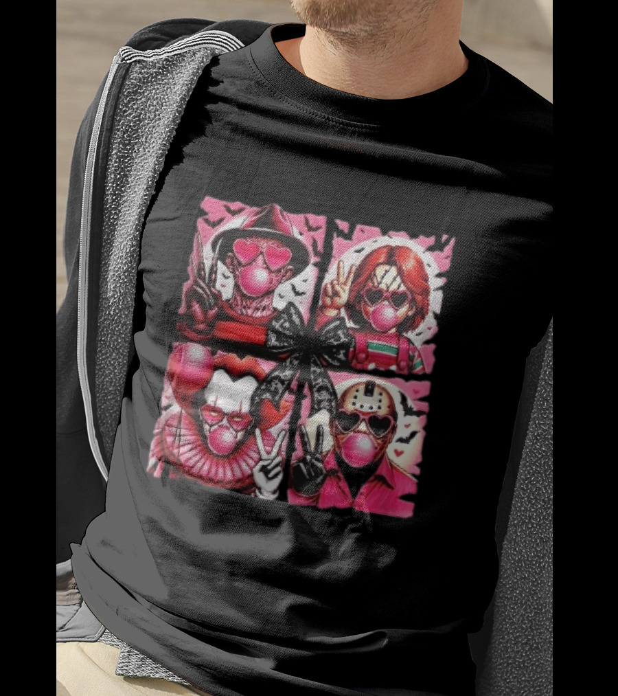 Heart Sunglasses Bubblegum Horror Villains With Peace Signs And Lace Bow T-Shirt
