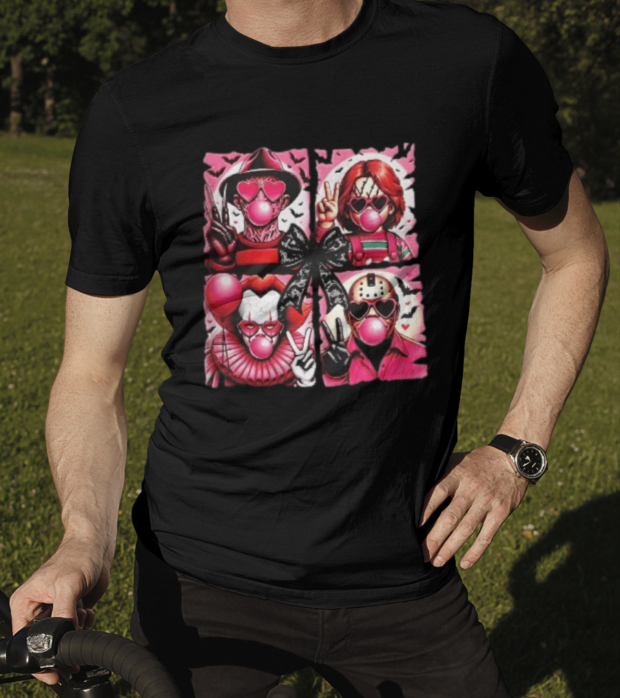 Heart Sunglasses Bubblegum Horror Villains With Peace Signs And Lace Bow T-Shirt