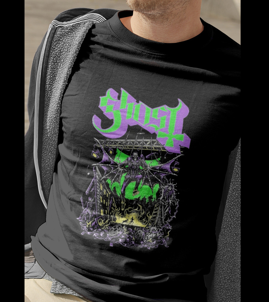 Ghost 2 Big To Rig Cursed Production Artwork With Bat Wings And Fire Scene T-Shirt