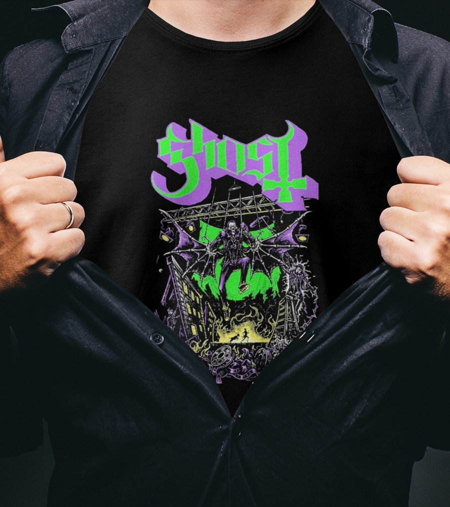 Ghost 2 Big To Rig Cursed Production Artwork With Bat Wings And Fire Scene T-Shirt