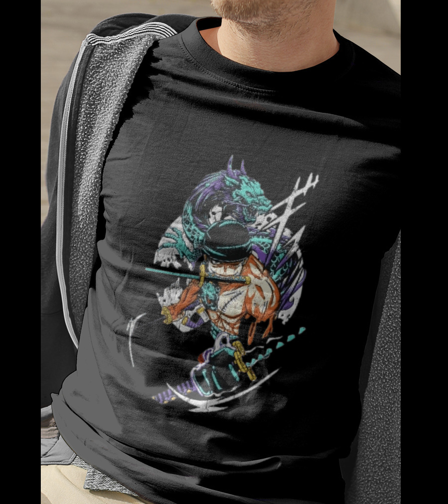 Three Sword Anime Fighter Green Dragon Warrior Distressed T-Shirt
