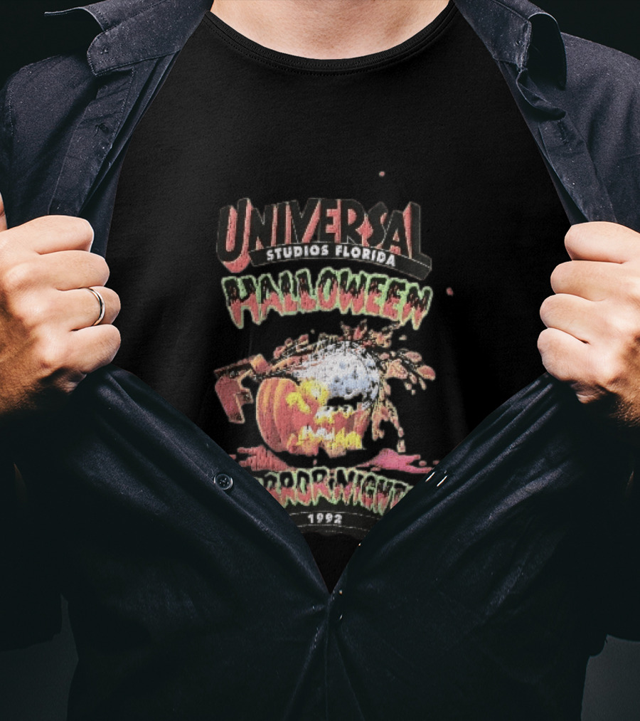 Universal Studios Florida Halloween Horror Nights 1992 Chainsaw Flaming Jack O Lantern T-Shirt
