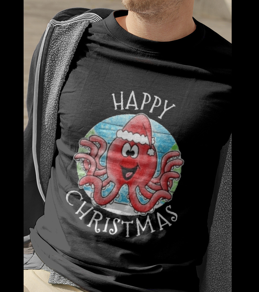 Happy Christmas Red Octopus Santa Hat Ocean Scene T-Shirt
