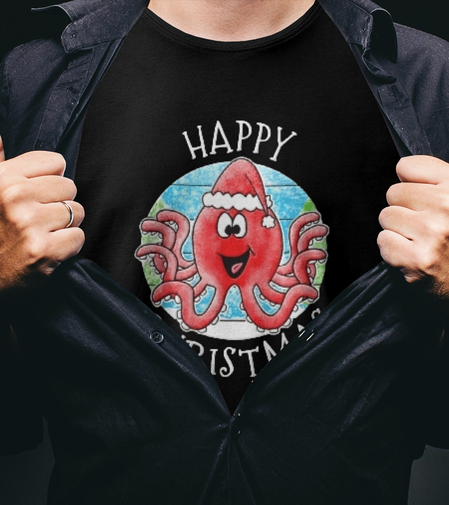 Happy Christmas Red Octopus Santa Hat Ocean Scene T-Shirt