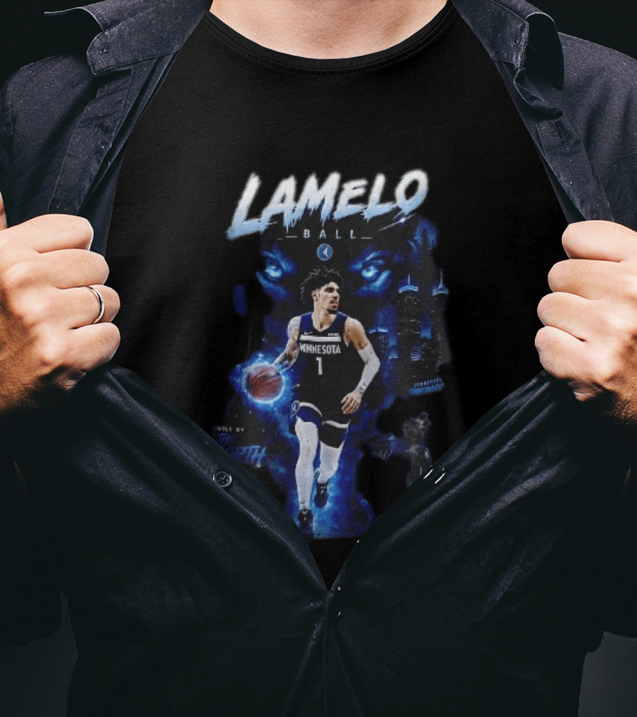 Minnesota Timberwolves Built By The North Lamelo Ball Dribbling Glowing Eyes Skyline T-Shirt