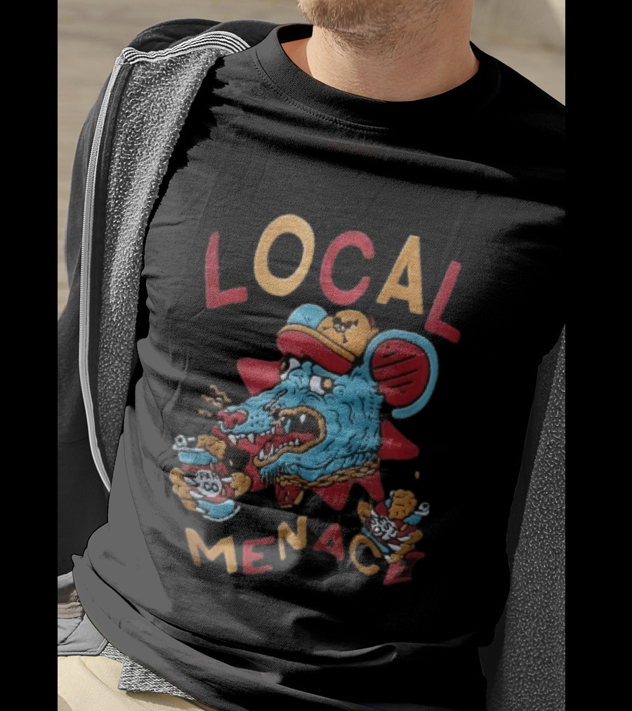 Local Menace Cartoon Snarling Blue Rat Baseball Cap Gold Chain Ppar Co Est 2017 T-Shirt