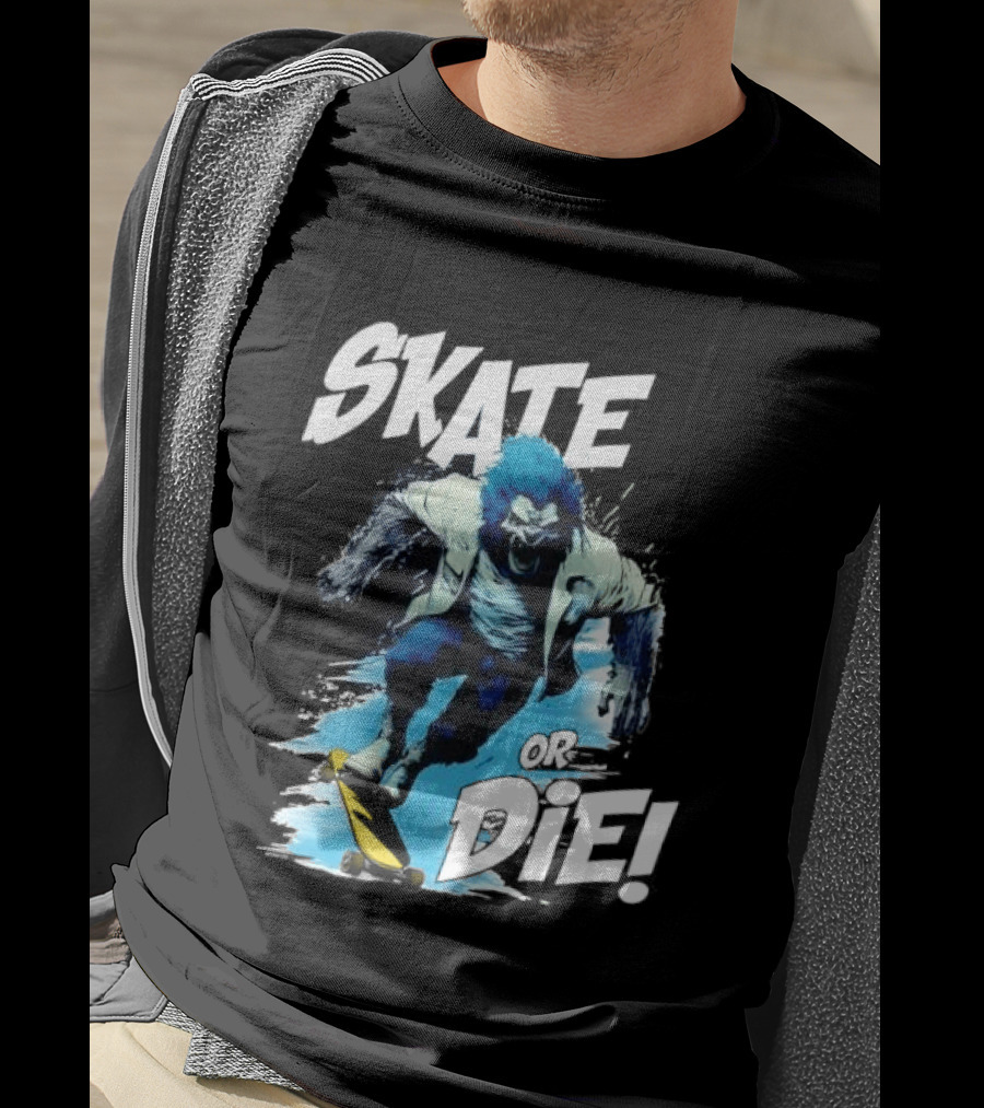 Skate Or Die Wolfy Classic Blue Werewolf Skateboarding T-Shirt