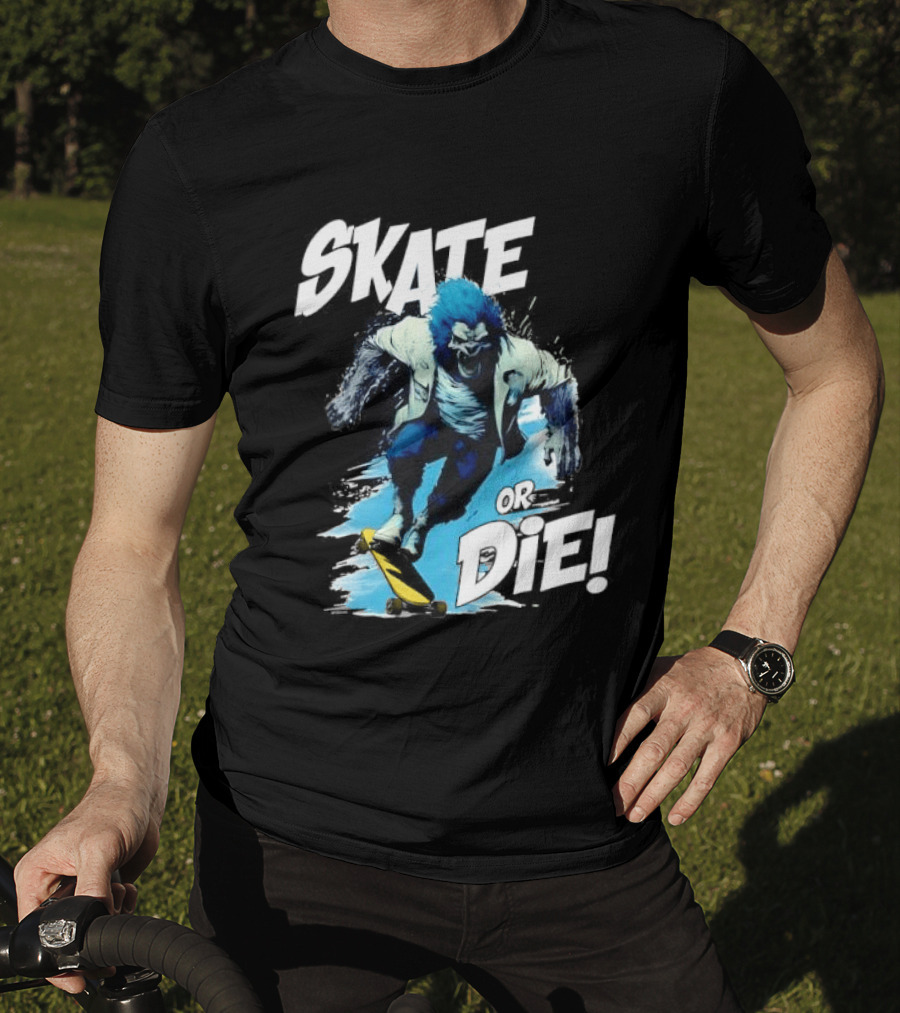 Skate Or Die Wolfy Classic Blue Werewolf Skateboarding T-Shirt