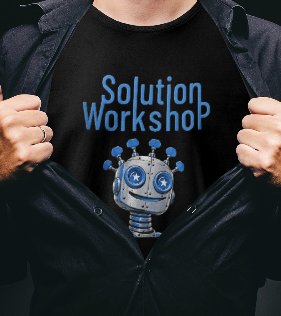 Solution Workshop Cartoon Metallic Robot Head With Star Eyes And Guitar Tuning Pegs T-Shirt