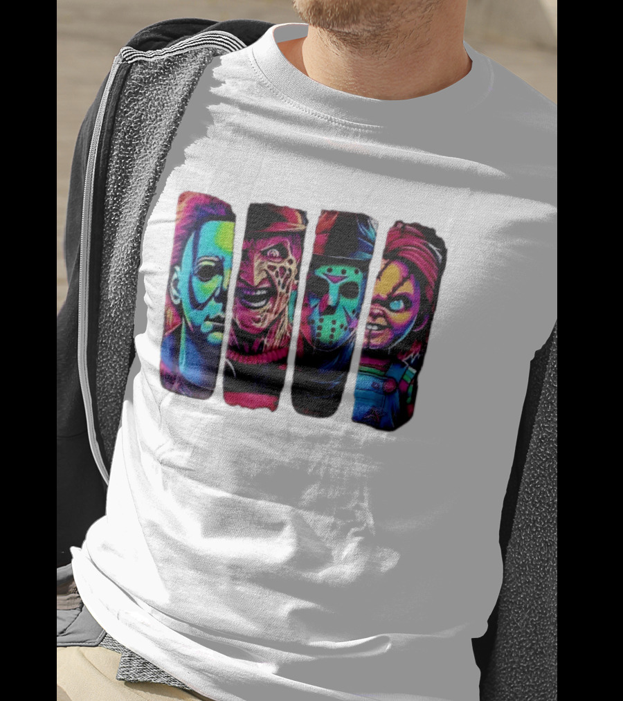 Fluorescent Horror Movie Slasher Faces Vertical Panels T-Shirt