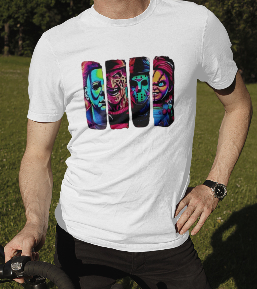 Fluorescent Horror Movie Slasher Faces Vertical Panels T-Shirt