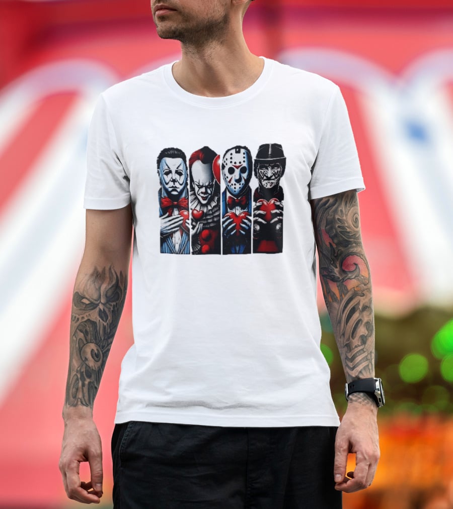 Classic Horror Villains With Red Valentine Hearts T-Shirt