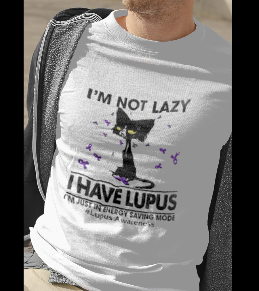 I'm Not Lazy I Have Lupus Energy Saving Mode Lupus Awareness Cat With Purple Ribbons T-Shirt
