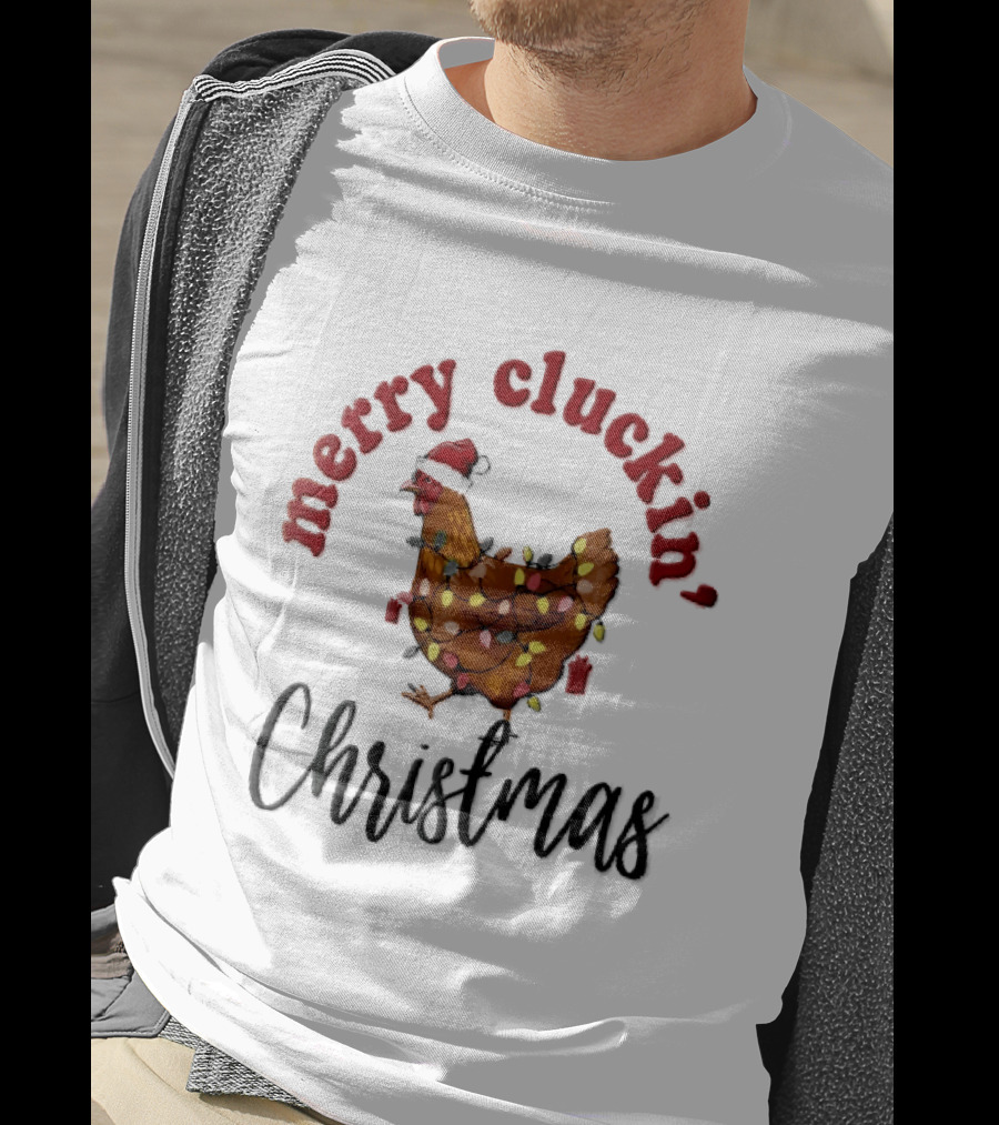 Merry Cluckin Christmas Chicken Santa Hat Colorful String Lights T-Shirt