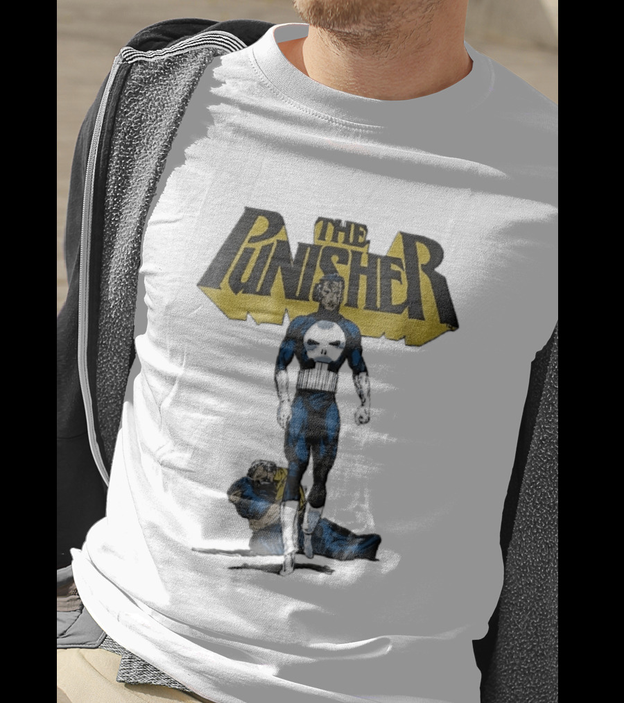 The Punisher Superhero Skull Comic Walking Scene With Defeated Man T-Shirt