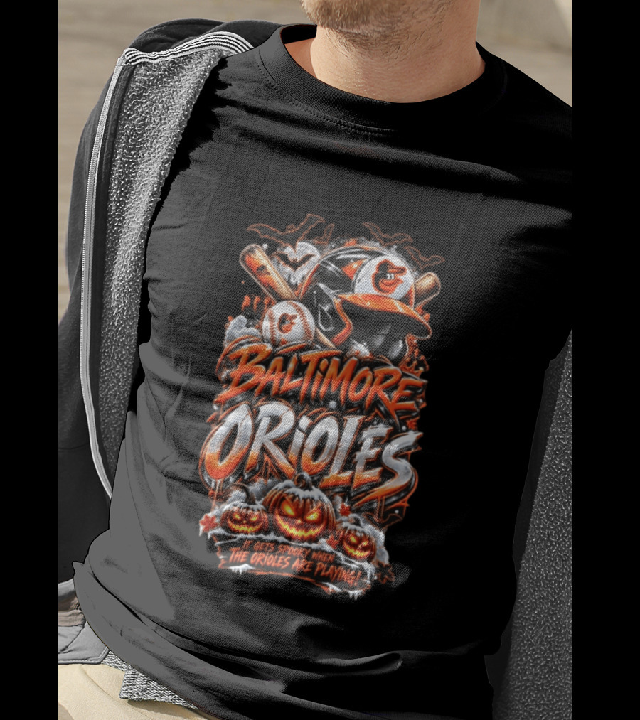 Baltimore Orioles MLB It Gets Spooky When They Are Playing Halloween Pumpkins Baseball T-Shirt