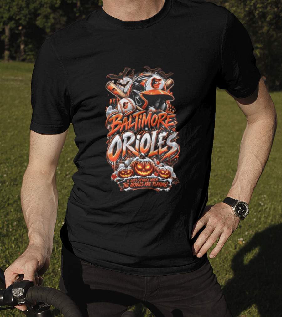 Baltimore Orioles MLB It Gets Spooky When They Are Playing Halloween Pumpkins Baseball T-Shirt