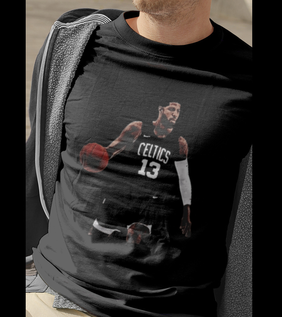 Boston Celtics 13 Bearded Basketball Player Dribbling Dark T-Shirt