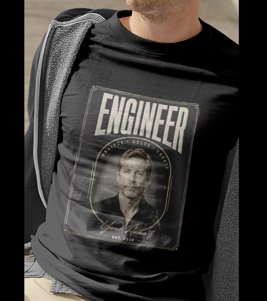 Engineer Analyze Solve Create Portrait Your Name Est 2026 Man Arch Gold Frame T-Shirt