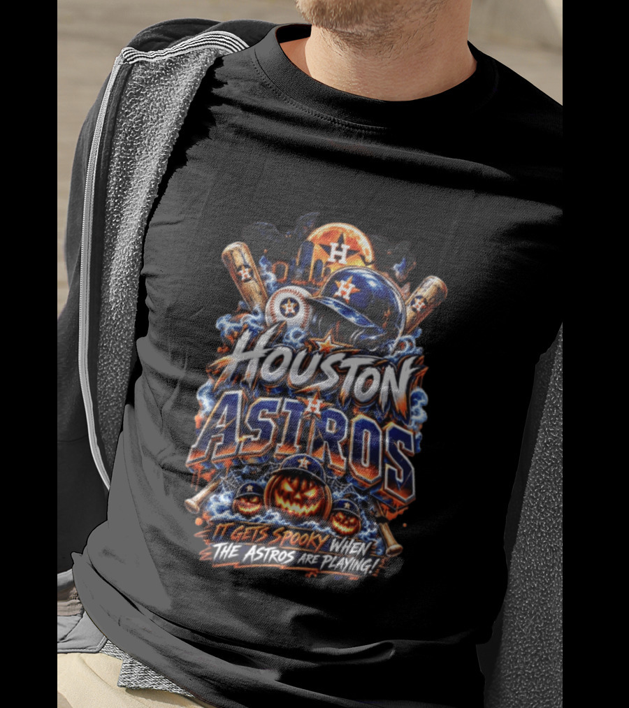 Houston Astros Halloween Spooky Theme With Pumpkins And Bats T-Shirt