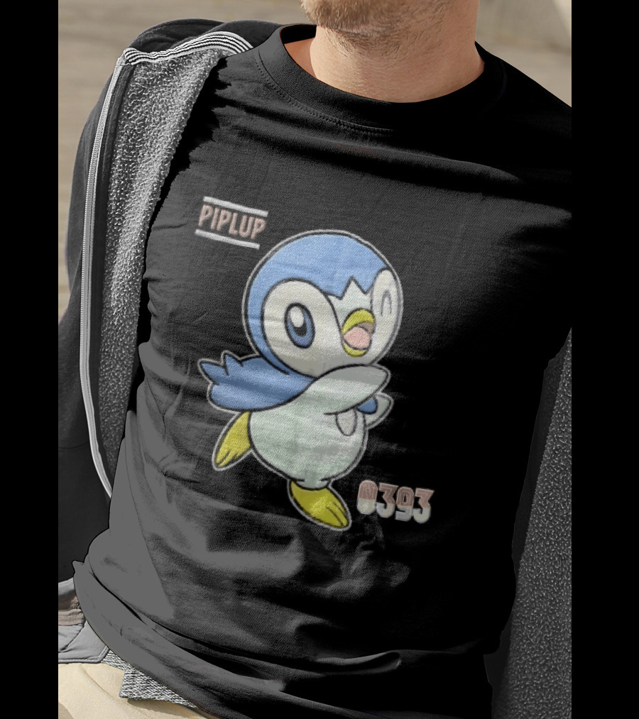 Piplup 0393 Cartoon Penguin Waving Paper Crease Sticker Yellow Feet T-Shirt