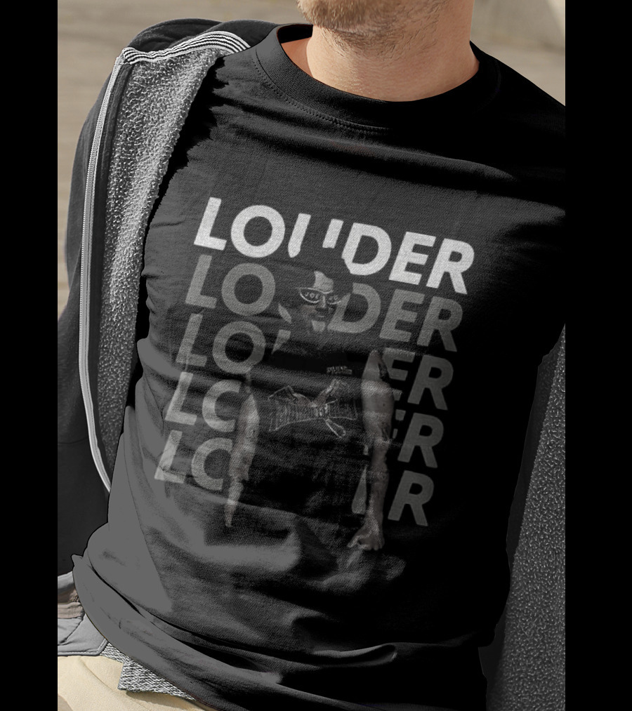Joe Jonas Louder Graphic With Repeated Text And Guitar T-Shirt