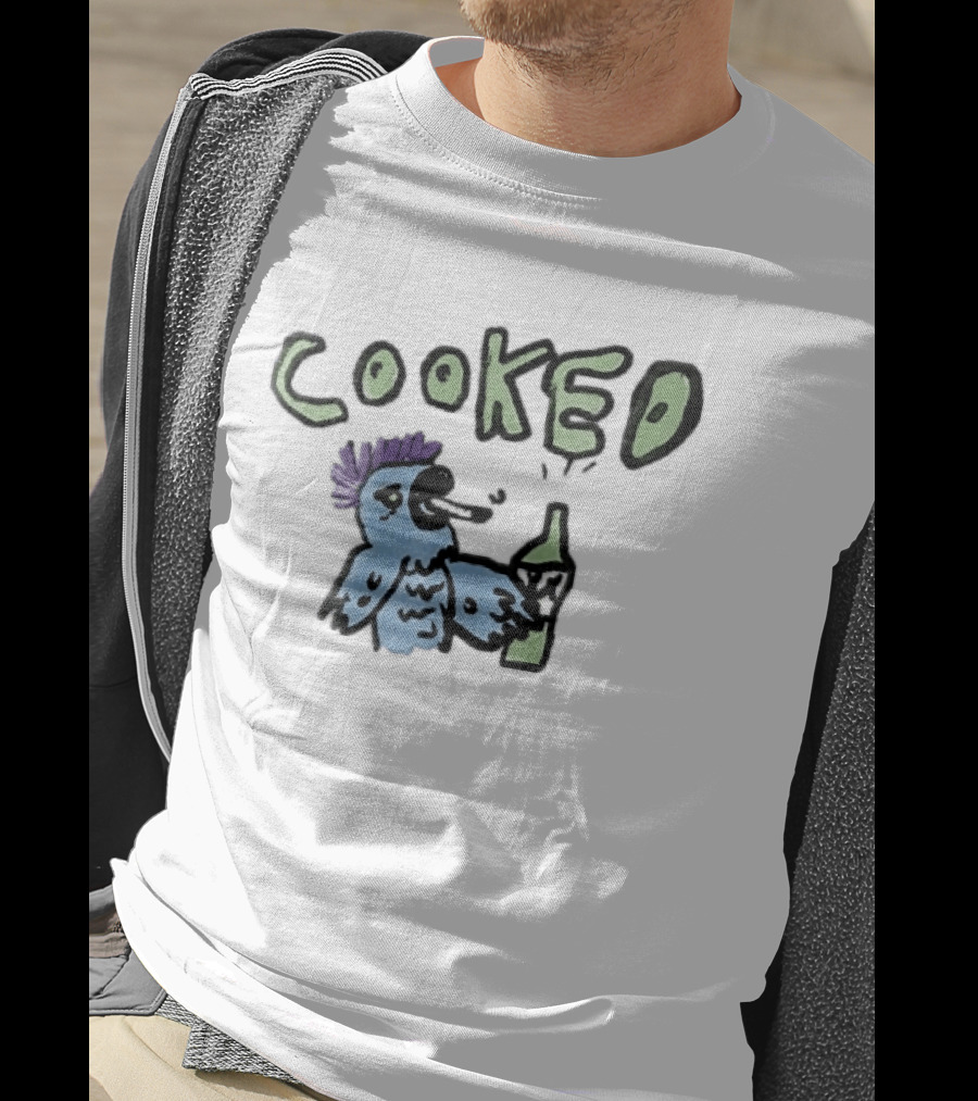Cooked Cartoon Blue Parrot Smoking Cigarette Holding Alcohol Bottle T-Shirt