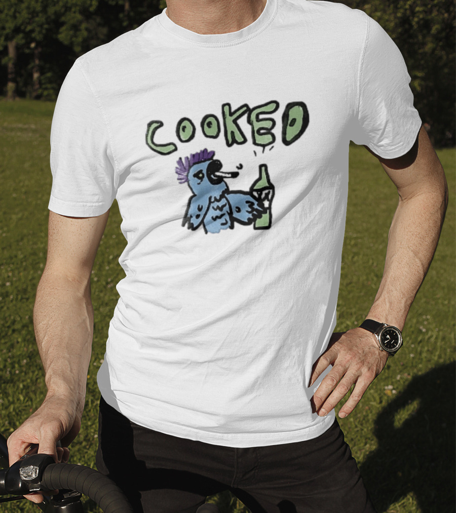 Cooked Cartoon Blue Parrot Smoking Cigarette Holding Alcohol Bottle T-Shirt