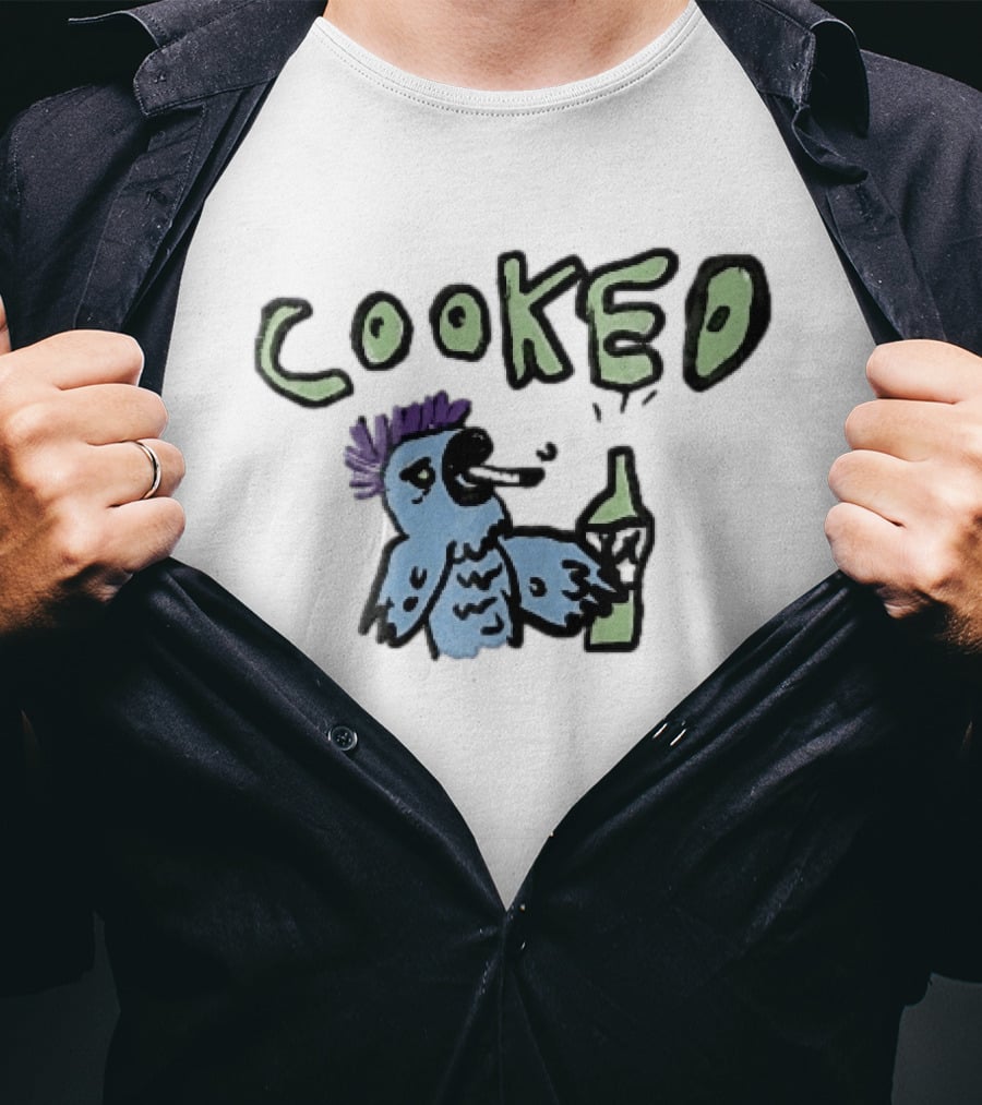 Cooked Cartoon Blue Parrot Smoking Cigarette Holding Alcohol Bottle T-Shirt