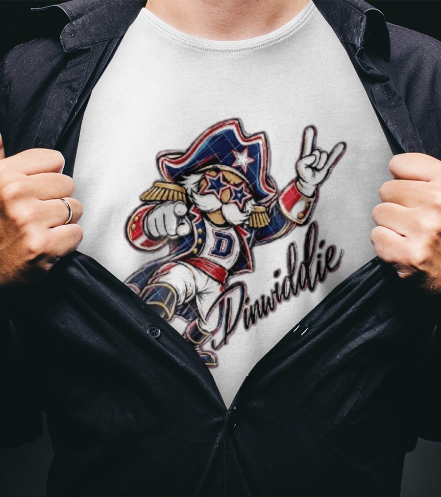 Dinwiddie Generals Cartoon Patriot Star Glasses Pointing Hand Dinwiddie T-Shirt