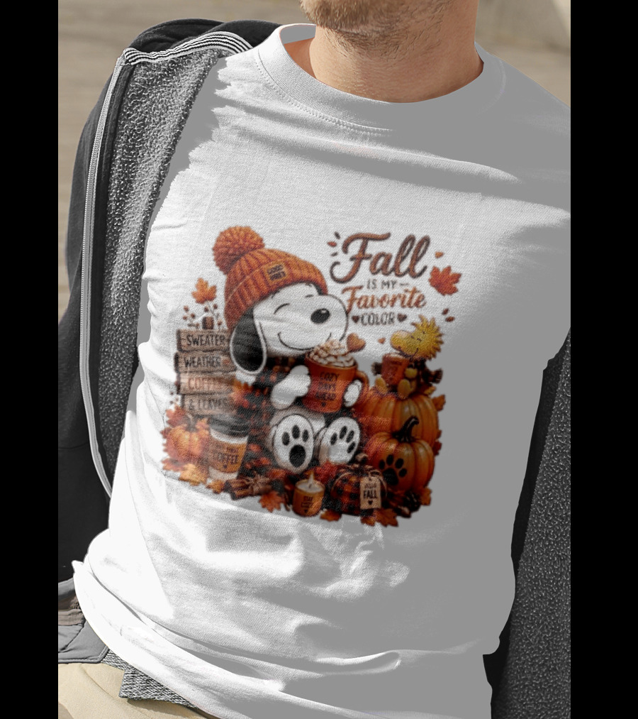 Fall Is My Favorite Color Sweater Weather Coffee Leaves Cozy Days Cartoon Dog Bird Pumpkins T-Shirt