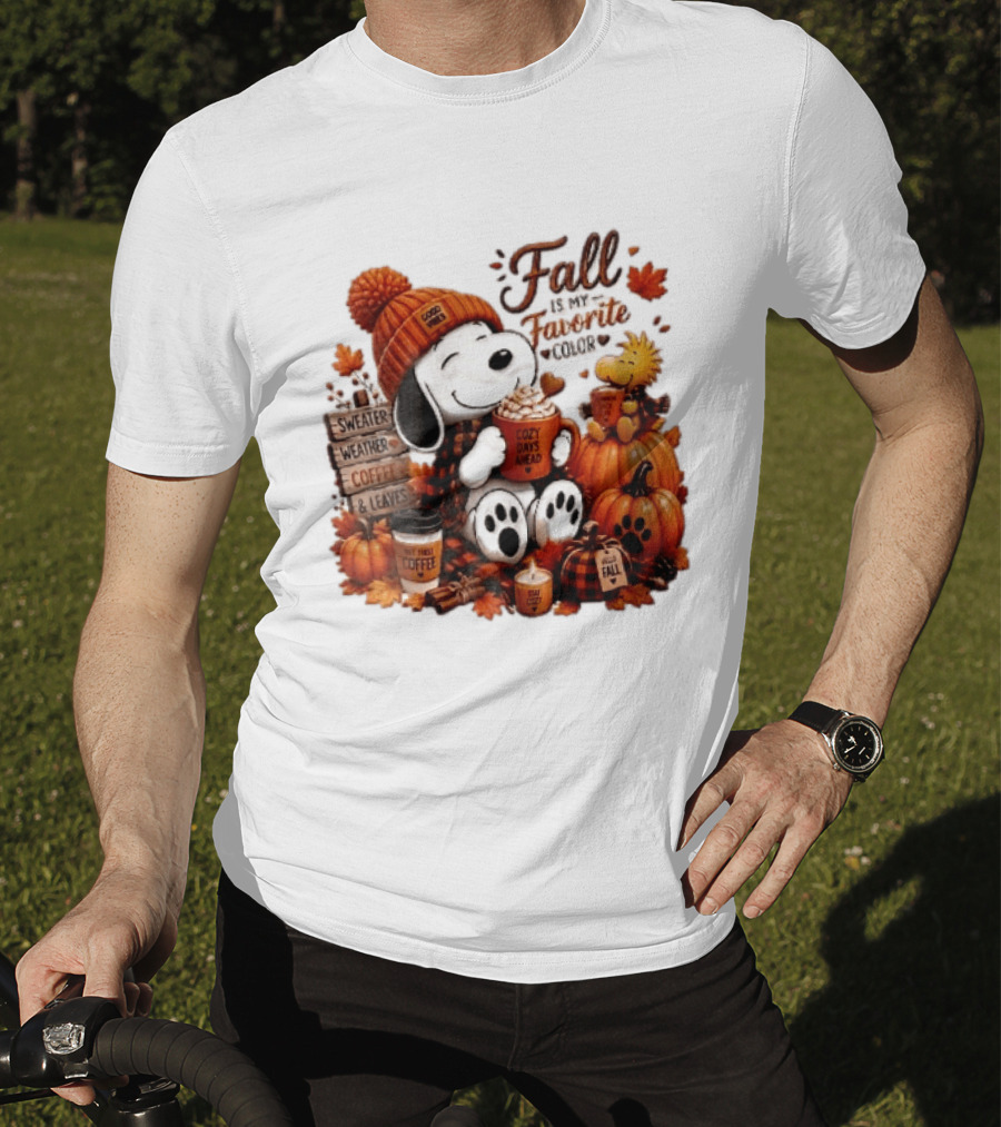 Fall Is My Favorite Color Sweater Weather Coffee Leaves Cozy Days Cartoon Dog Bird Pumpkins T-Shirt