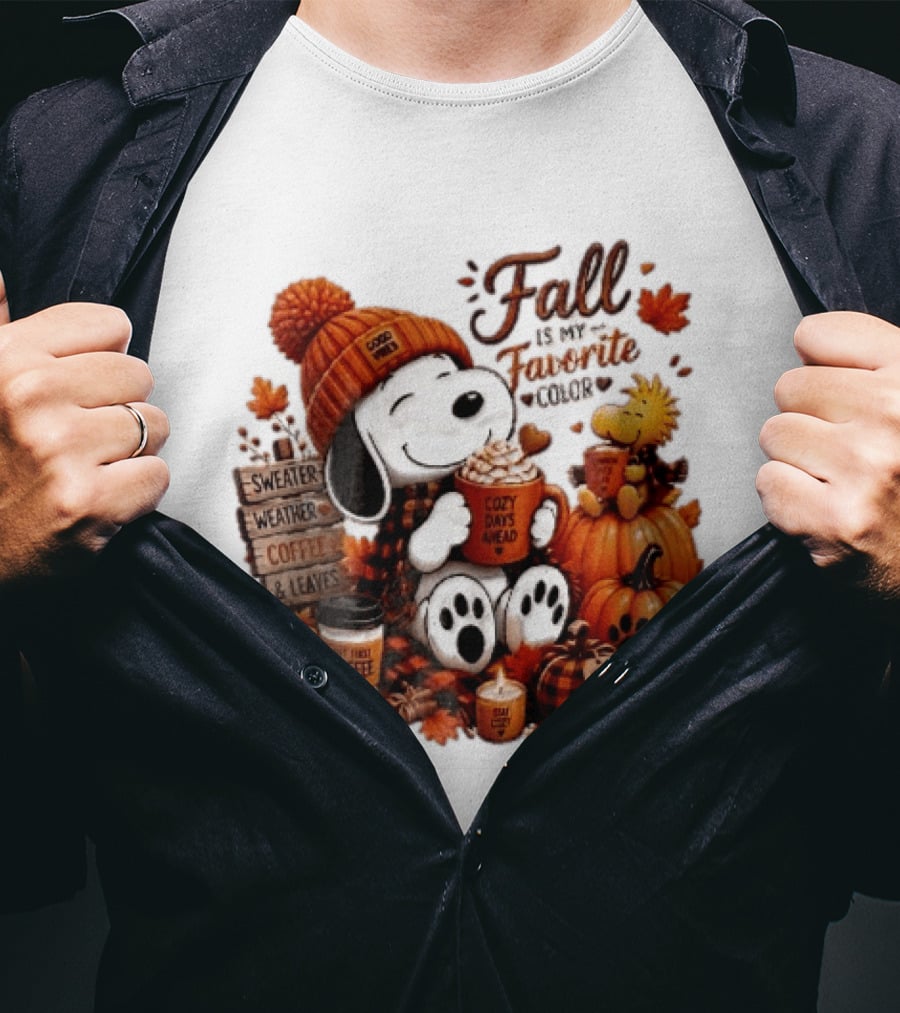 Fall Is My Favorite Color Sweater Weather Coffee Leaves Cozy Days Cartoon Dog Bird Pumpkins T-Shirt