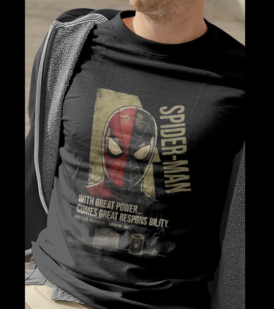 Spider Man With Great Power Comes Great Responsibility Peter Parker Origin 1962 Split Mask T-Shirt