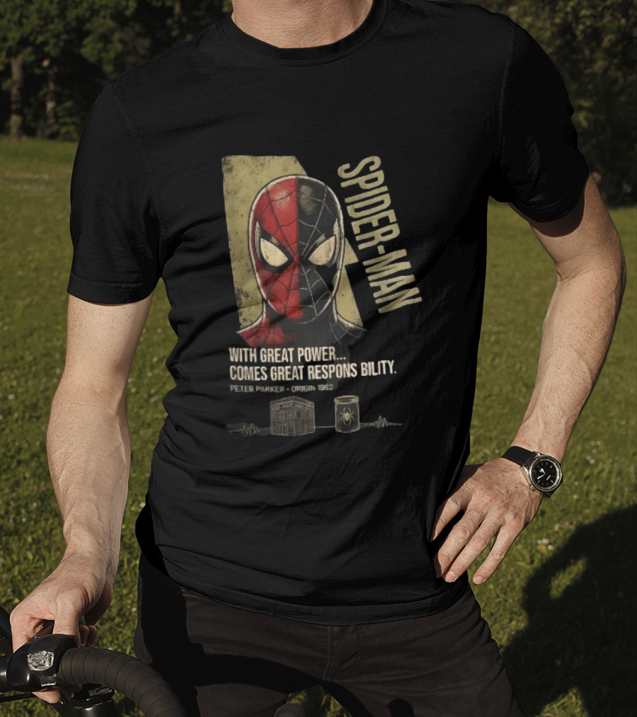Spider Man With Great Power Comes Great Responsibility Peter Parker Origin 1962 Split Mask T-Shirt