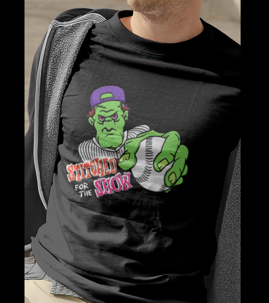 Stitched For The Show Baseball Monster Pitcher Cartoon T-Shirt