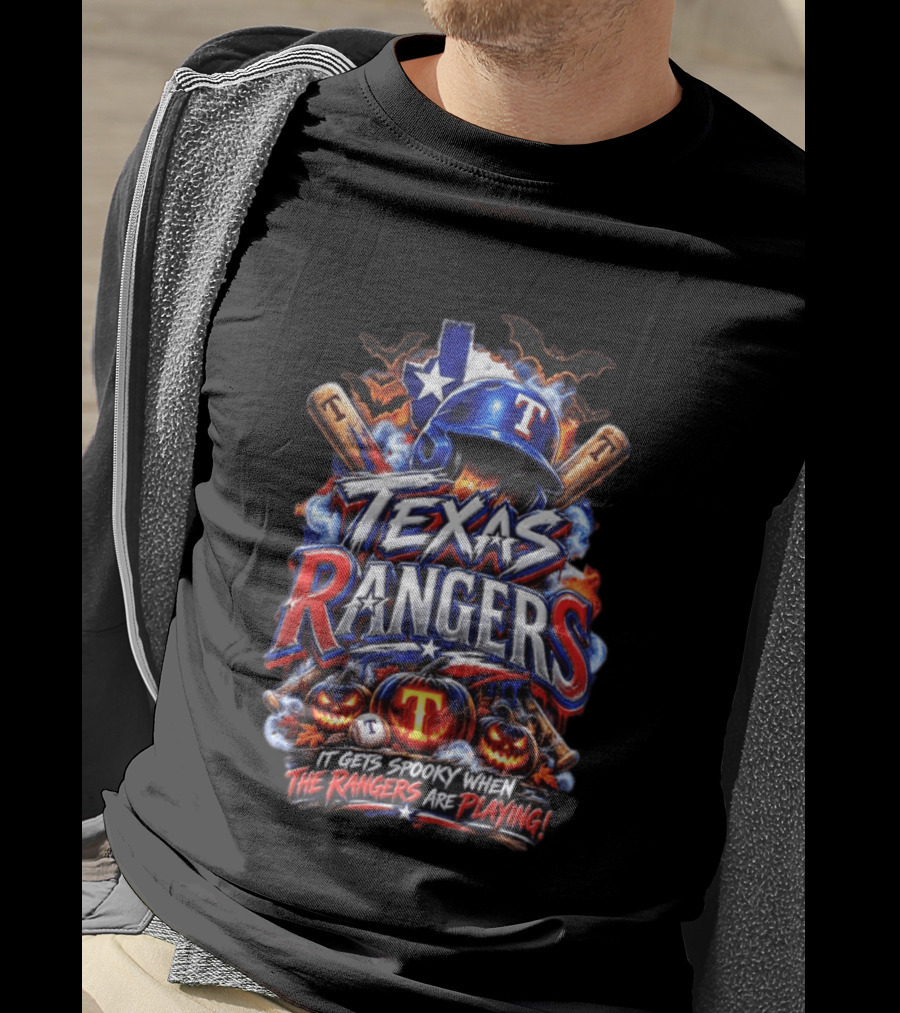 Texas Rangers Spooky Halloween Baseball Bats And Pumpkins T-Shirt
