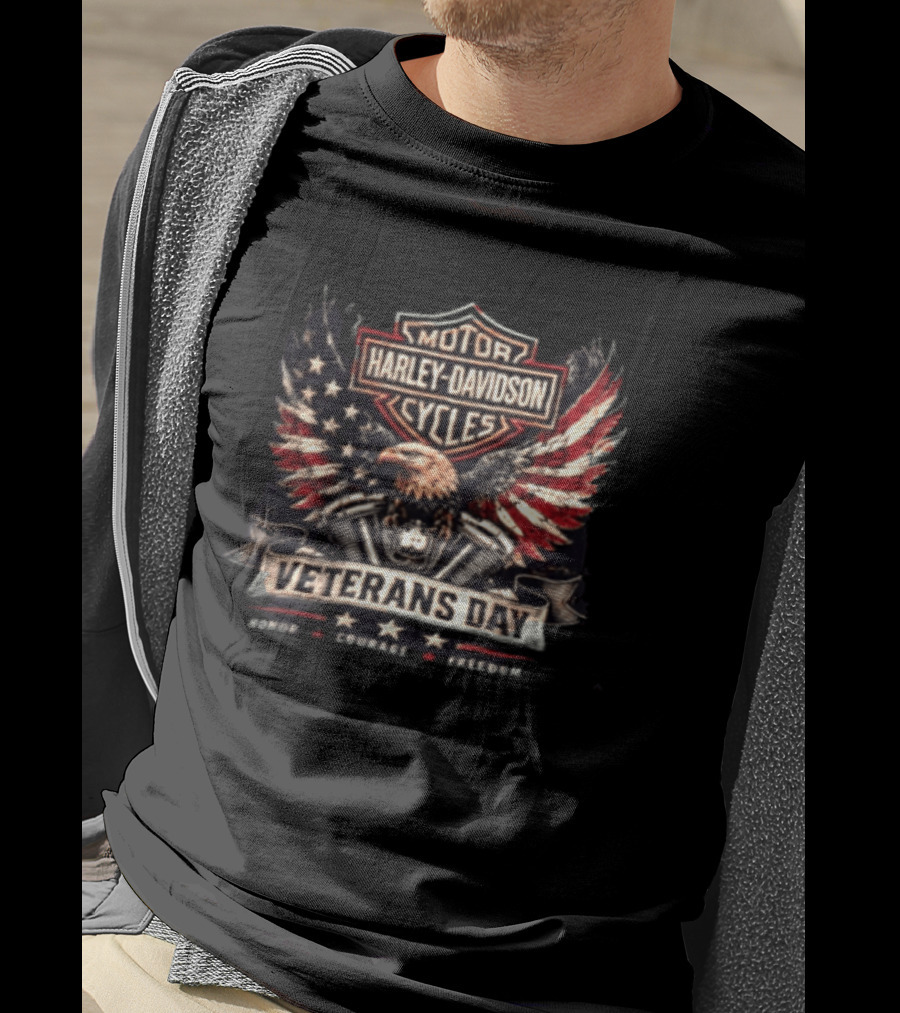 Veterans Day Harley Davidson Motor Cycles Honor Courage Freedom Eagle Wings T-Shirt