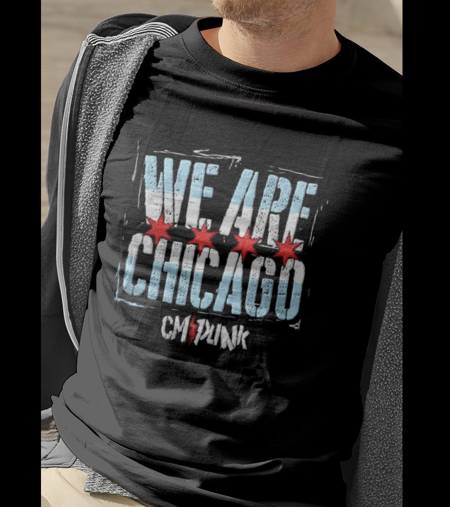 We Are Chicago CM Punk Four Red Stars Light Blue Stripes Distressed T-Shirt