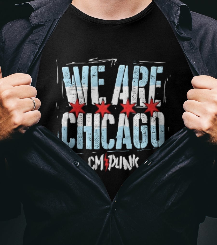 We Are Chicago CM Punk Four Red Stars Light Blue Stripes Distressed T-Shirt
