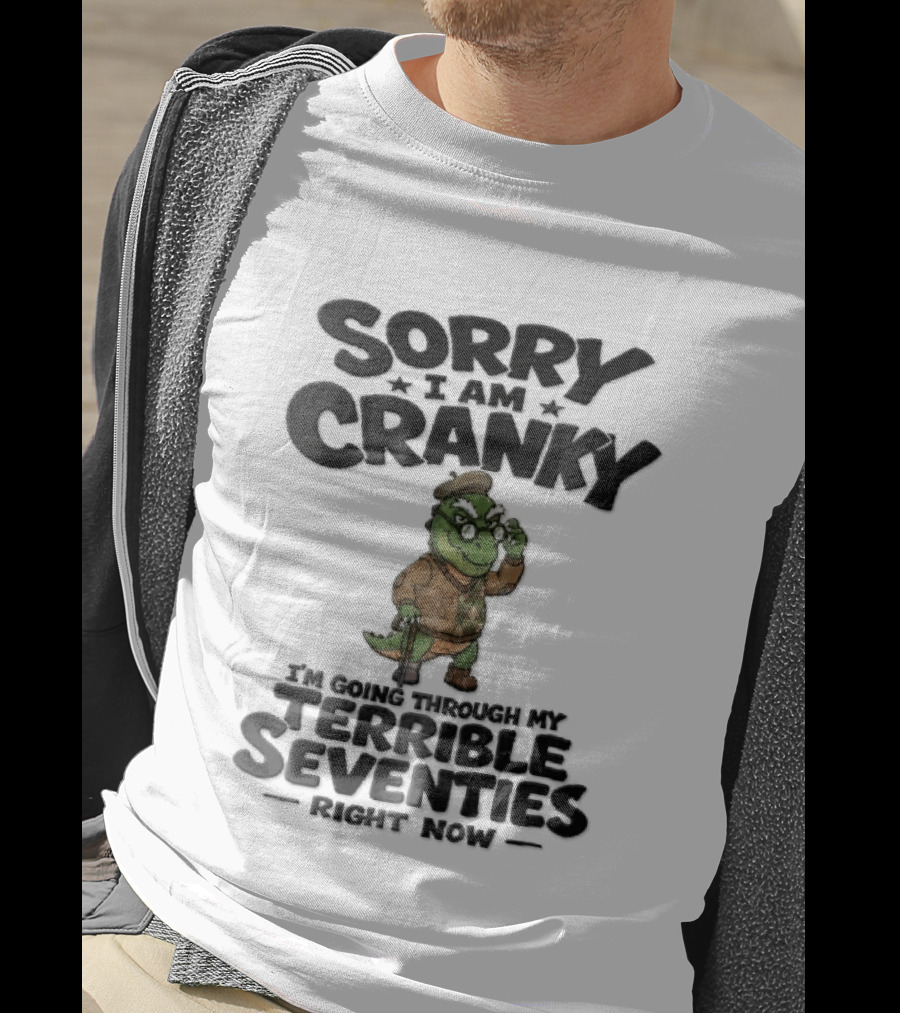 Sorry I Am Cranky Terrible Seventies Cartoon Elderly Alligator Cane Beret T-Shirt